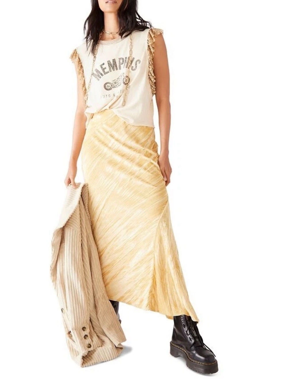 Free People Hay There Noa Velvet Slip Maxi Skirt in a gold yellow - Picture 1 of 9